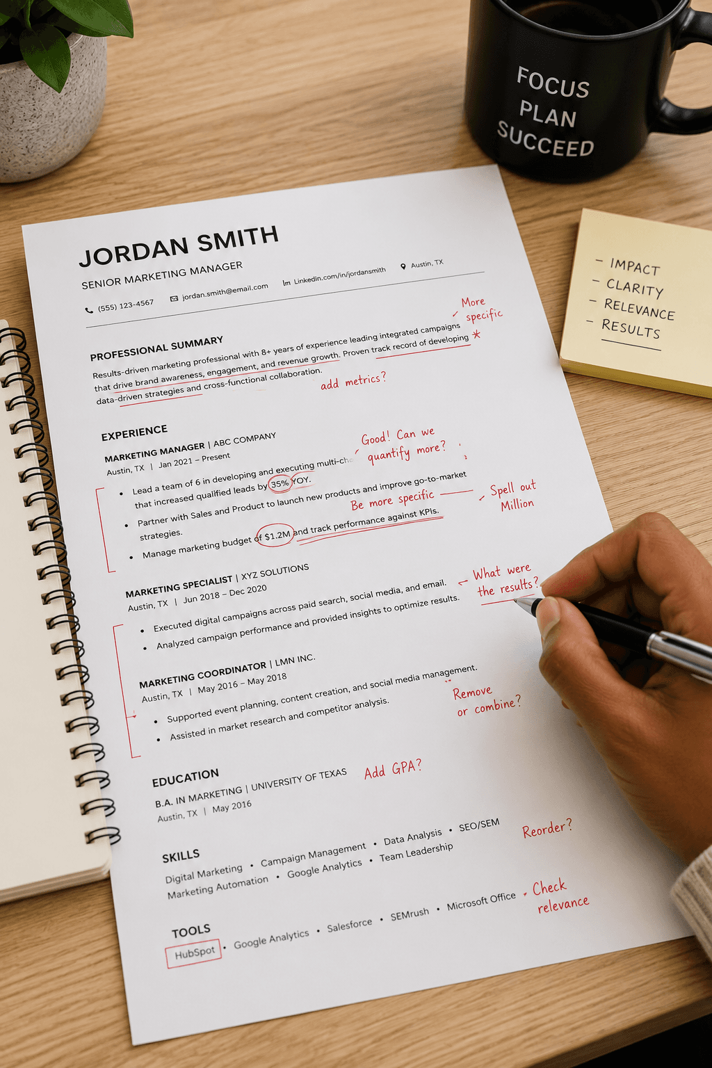 A resume draft being marked up during revision